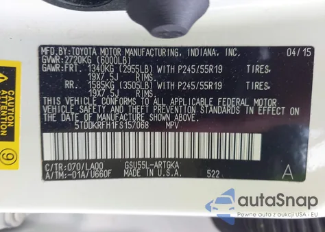 2015 Toyota Highlander Limited Platinum V6 z USA, uszkodzony, nr VIN 5TDDKRFH1FS157068